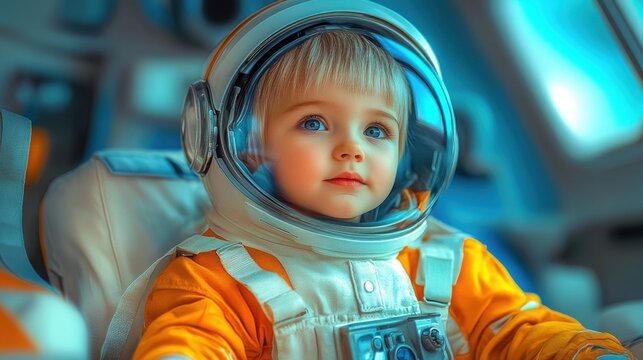 A young boy in a bright spacesuit gazes out the window of a spaceship, dreaming of adventures among the stars