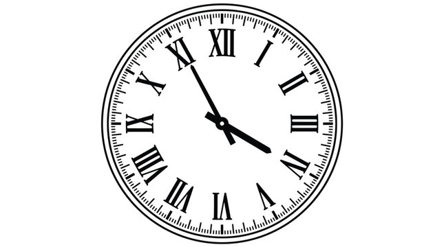 Minimalist black and white vector clock illustration featuring vintage roman numerals for precise time measurement display