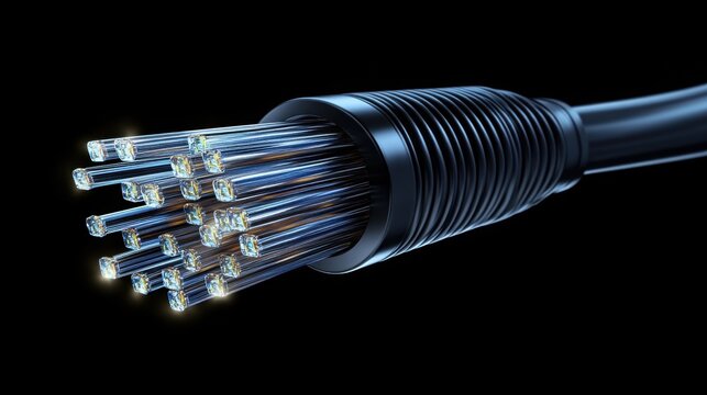 Multicolored fiber optic cables glowing softly in a dark setting represent high-speed internet and advanced data transmission technology