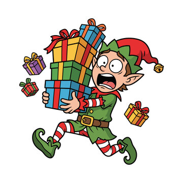 Panic stricken cartoon christmas elf rushing with a heavy stack of colorful wrapped holiday gift boxes and presents while wearing a festive pointed hat on transparent background
