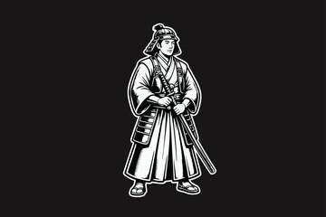 Obraz premium Samurai Warrior Holding Katana Sword in Traditional Japanese Attire Illustration