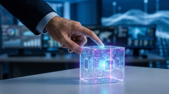 Businessman interacting with a glowing futuristic digital cube representing artificial intelligence business interaction future technology human hand data visualization