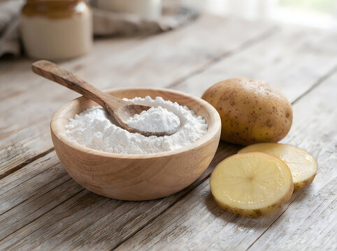 Potato starch in a wooden bowl with a spoon and fresh raw potatoes on a rustic wooden table