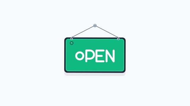 Modern 4K animated loop featuring a storefront hanging sign flipping from CLOSED to OPEN status with realistic pendulum swing physics and LED status indicator light. Ideal for e-commerce, store hours,