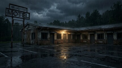 Obraz premium Grungy abandoned motel with a rusty sign under a dark stormy sky and pouring rain, creating a bleak atmosphere of neglect and despair.
