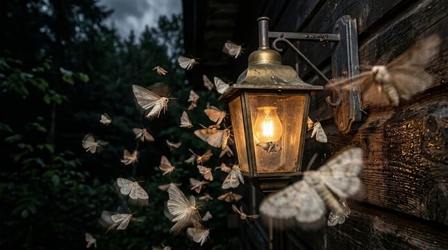 Moths swarm around antique brass lantern glowing with warm orange light mounted on dark weathered wooden wall of rustic cabin during nighttime in deep forest environment setup.