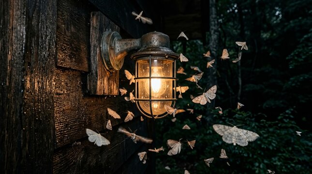 Cloud of insects surrounds metal cage lantern attached to textured dark wood siding on cottage exterior emitting bright yellow beam against backdrop of dense green woodland.