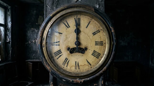 Close up view of vintage regulator wall clock showing twelve o'clock position on stained face within dark scorched room of ruined structure highlighting passage of time theme.