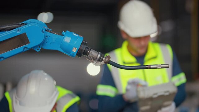 Blue robotic arm moves precisely in factory setting. Two workers in safety gear observe with focused attention. They stand near equipment