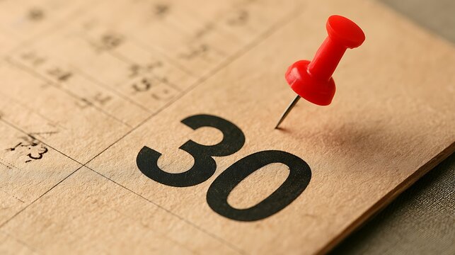 Calendar with number 30 and red push pin