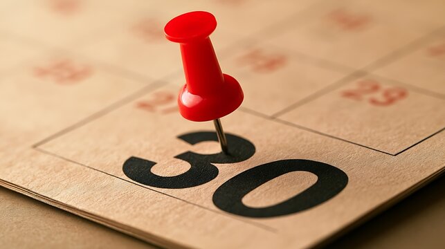 Red pushpin marking the 30th day on a calendar
