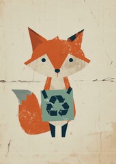 Fototapeta premium Cute fox hold recycle sign art animal nature.