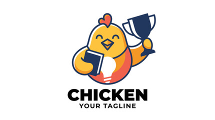 Fototapeta premium Cute Cartoon Chicken Mascot Holding a Trophy and Book Logo Design.