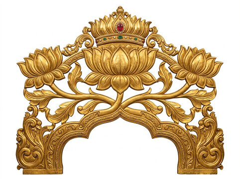 Golden Lotus Sinhasan Throne Ornament with Open Arch, Floral Vines and Jeweled Crest