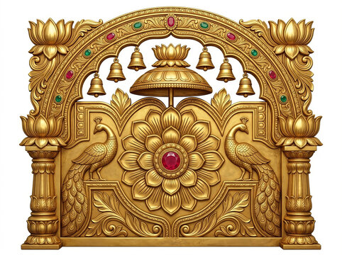 Golden Sinhasan Throne Backrest with Red Gemstone, Hanging Bells and Floral Carved Arch