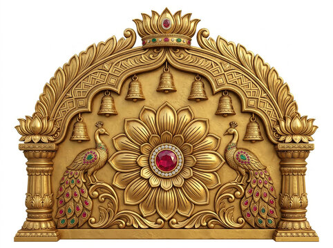 Golden Floral Sinhasan Throne Backrest with Peacock Ornaments, Hanging Bells and Red Jewel