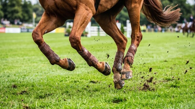 Close up of a horse galloping across a grassy field during a competition.