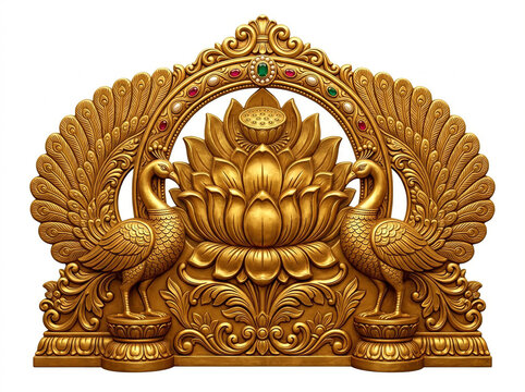 Grand Golden Peacock and Lotus Sinhasan Throne Backrest with Ornate Floral Carving