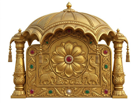 Golden Domed Sinhasan Throne Backrest with Red Gemstone, Floral Relief and Ornate Columns