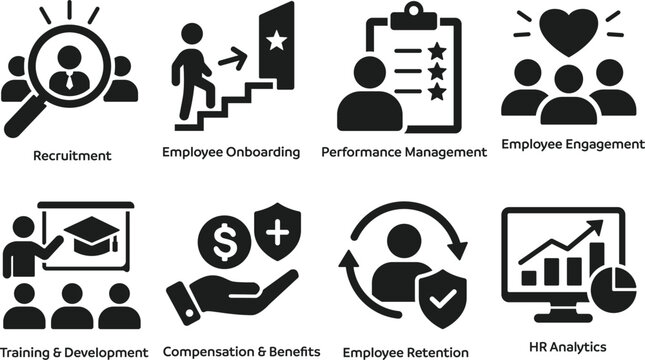 HR Management and Employee Lifecycle Icon Set with Recruitment, Onboarding, Performance Management, Engagement, Training and HR Analytics