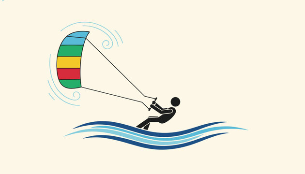 Minimalist illustration of a person kitesurfing on blue waves with a colorful striped kite on a cream background.