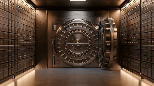 Bank vault safe door open between safety deposit boxes