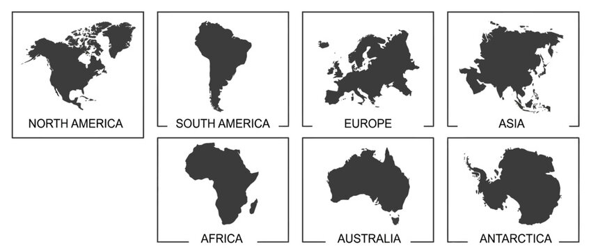 Set of seven world continents silhouette icons on white background, geography educational design