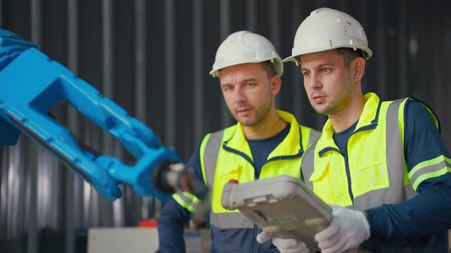Worker controls robotic arm with handheld device. Focused operator in high-visibility vest. Industrial setting with blue robotic arm