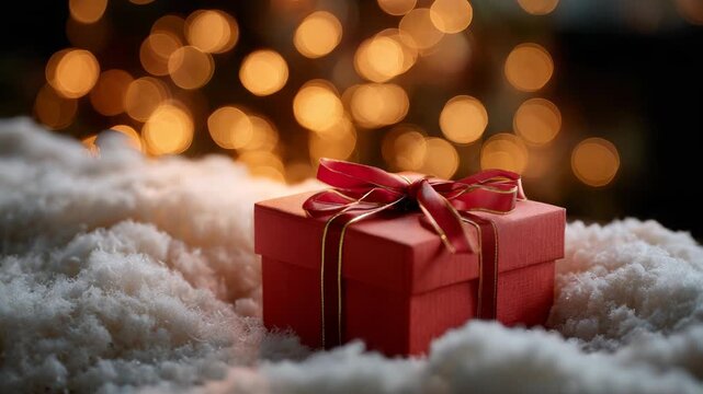 Festive Red Gift Boxes Tied With Ribbon Amidst Soft Snow and Bokeh Lights
