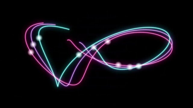 Abstract neon light trails forming an infinity shape against a dark textured brick wall background