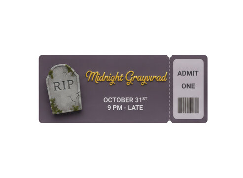 A vintage style purple entrance ticket for a cemetery tour with a tombstone icon and a scanable barcode