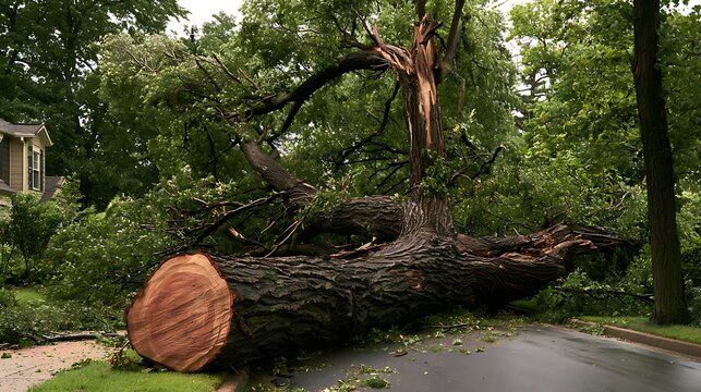 Fallen tree blocking road after storm