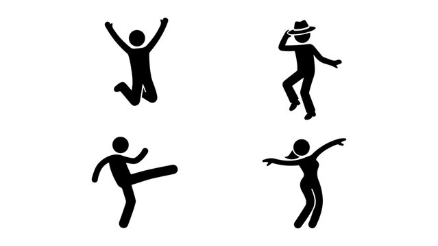 Set of dancing stick figure icons showing people jumping and performing various movements.