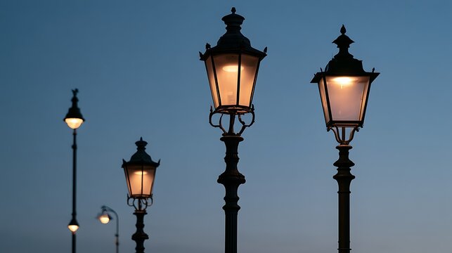 Classic street lamps glowing against a twilight sky