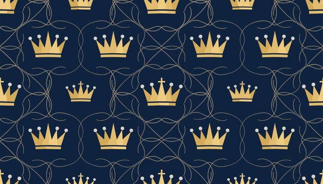 Royal seamless pattern showcasing gold crowns of various sizes repeating over an elegant gold scrollwork on dark blue.