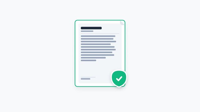 Modern 4K animated loop featuring a legal terms and conditions document being digitally scanned and approved with an emerald green verification shield checkmark badge. Ideal for UI UX onboarding, chec