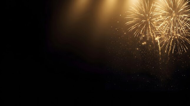 Golden fireworks exploding against a dark black background with sparkling light trails