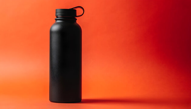 Black Reusable Water Bottle on Orange Background