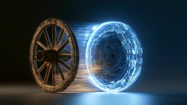 Futuristic wheel transforming from wood to glowing tech