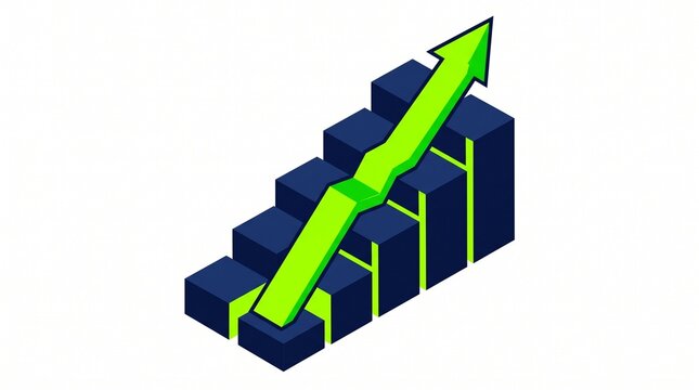 Financial growth arrow moving up over bar chart in isometric style with white background