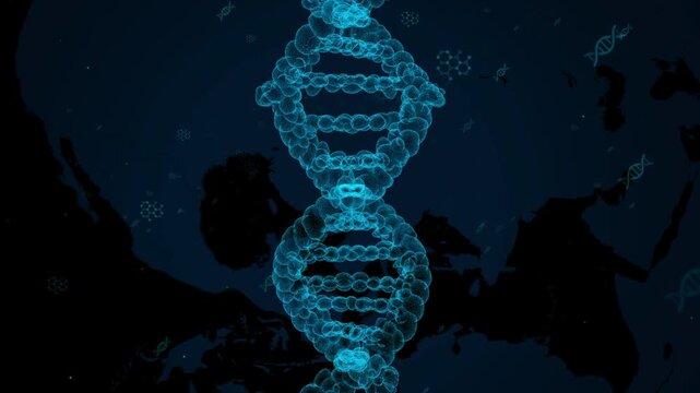 Glowing DNA double helix molecule structure in futuristic blue science background for genetics and biotechnology research