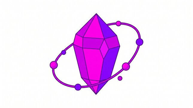 Pink purple magic crystal gem floating with orbital rings in isometric style magic stone sci