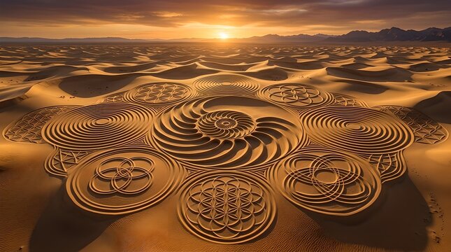 Surreal Sacred Geometry Patterns in Desert Sand Aerial View Golden Sunset Tones