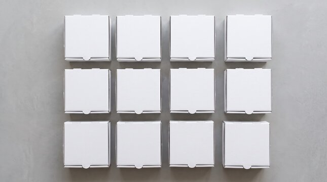 Top view of twelve blank white square packaging boxes arranged in grid on grey background, minimalist product mockup template for branding and design presentation
