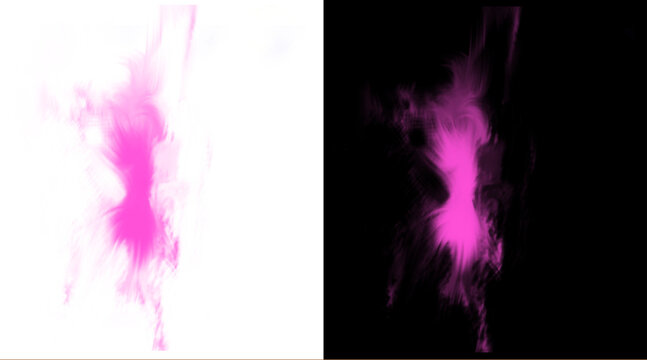 Vibrant pink smoke splash on white and black backgrounds. Abstract magenta ink cloud, ethereal neon vapor texture for creative design overlays.