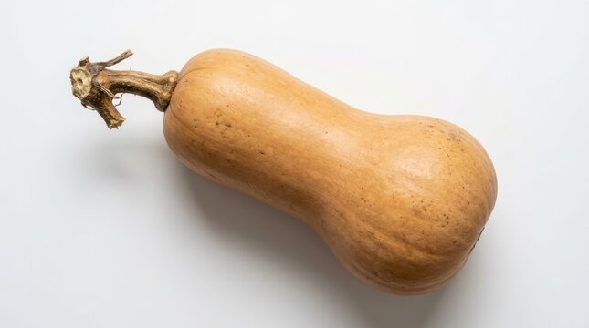 A single raw butternut squash positioned diagonally against a plain white studio background showing the characteristic tan skin and dry woody stem