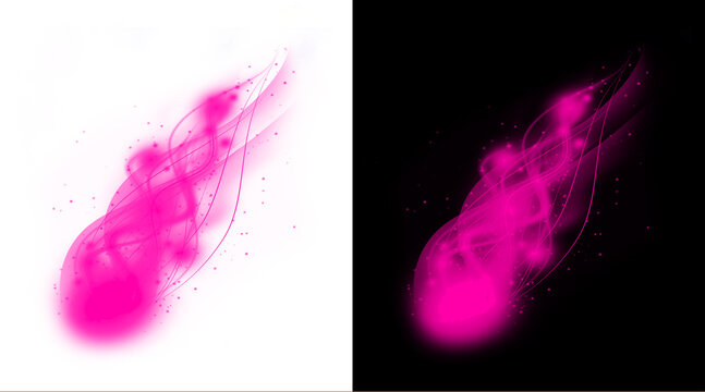 Glowing pink magic fireball with ethereal smoke trails. Vibrant energy blast illustration. Neon mystical flame effect on black and white backgrounds.