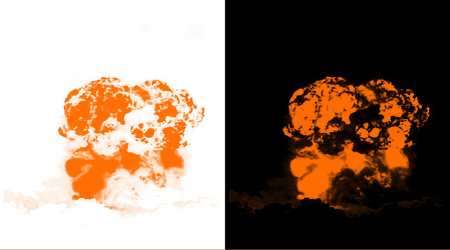 Nuclear explosion mushroom cloud illustration, orange fire blast effect on white and black backgrounds, atomic bomb detonation graphic
