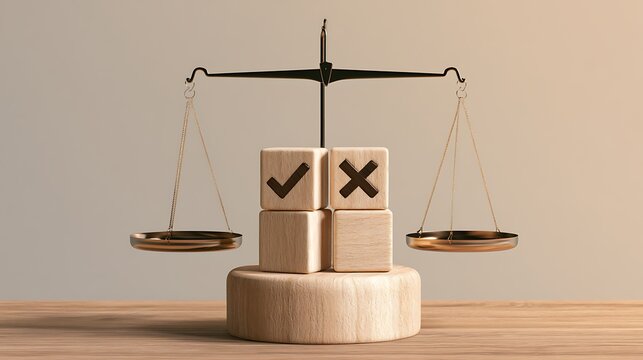 Balance scale with check and cross wooden blocks