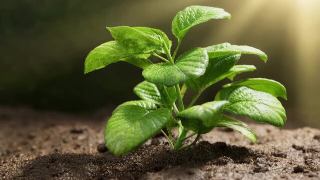 Young green leafy plant emerging from soil with warm sunlight background with video captures close up bright diffused sunlight lapse sequence vibrant